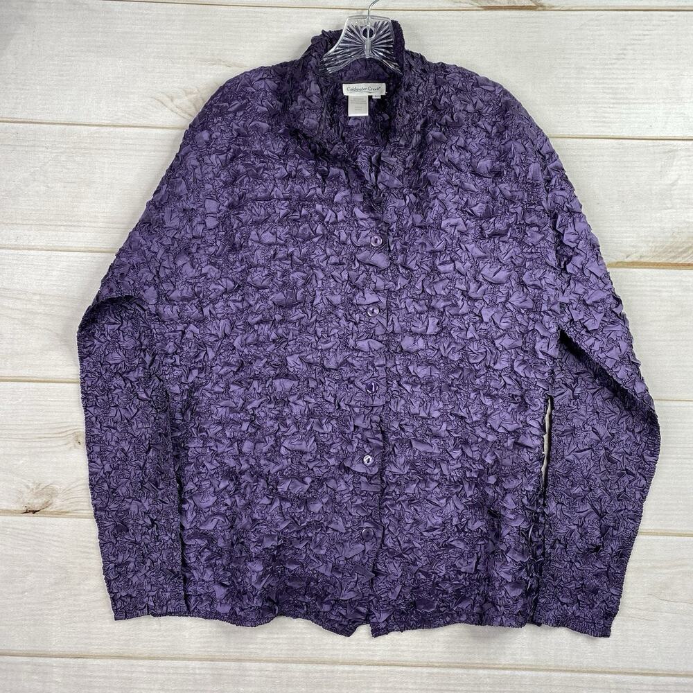 Coldwater Creek Shirt Womens L Purple Crinkle Texture Lightweight Stretch Button